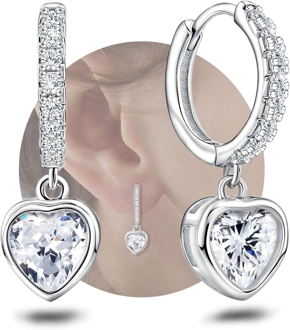 Heart Hoop Earrings with Dangle Sterling Silver Love Heart-Shaped Earrings Trendy Hypoallergenic Cubic Zirconia Hoop Earrings with Dangling Charms Dainty Fashion Loop Earrings for Women Gifts