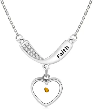 Heart-shaped Resin Mustard Seed Faith Necklace | Stainless Steel Platinum Rose Gold Plated Inlaid Zircon V-shaped Mustard Seed Necklace for Daily Wearing Christian Religious Pendant Necklace