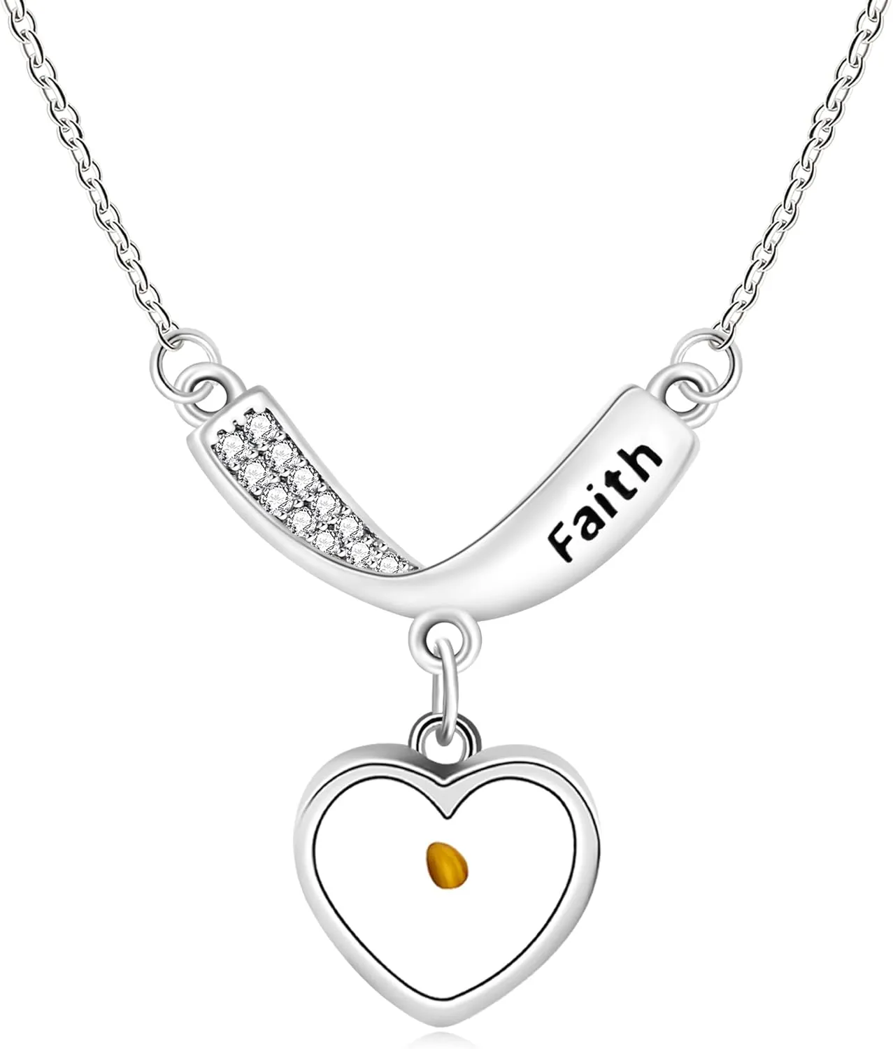 Heart-shaped Resin Mustard Seed Faith Necklace | Stainless Steel Platinum Rose Gold Plated Inlaid Zircon V-shaped Mustard Seed Necklace for Daily Wearing Christian Religious Pendant Necklace
