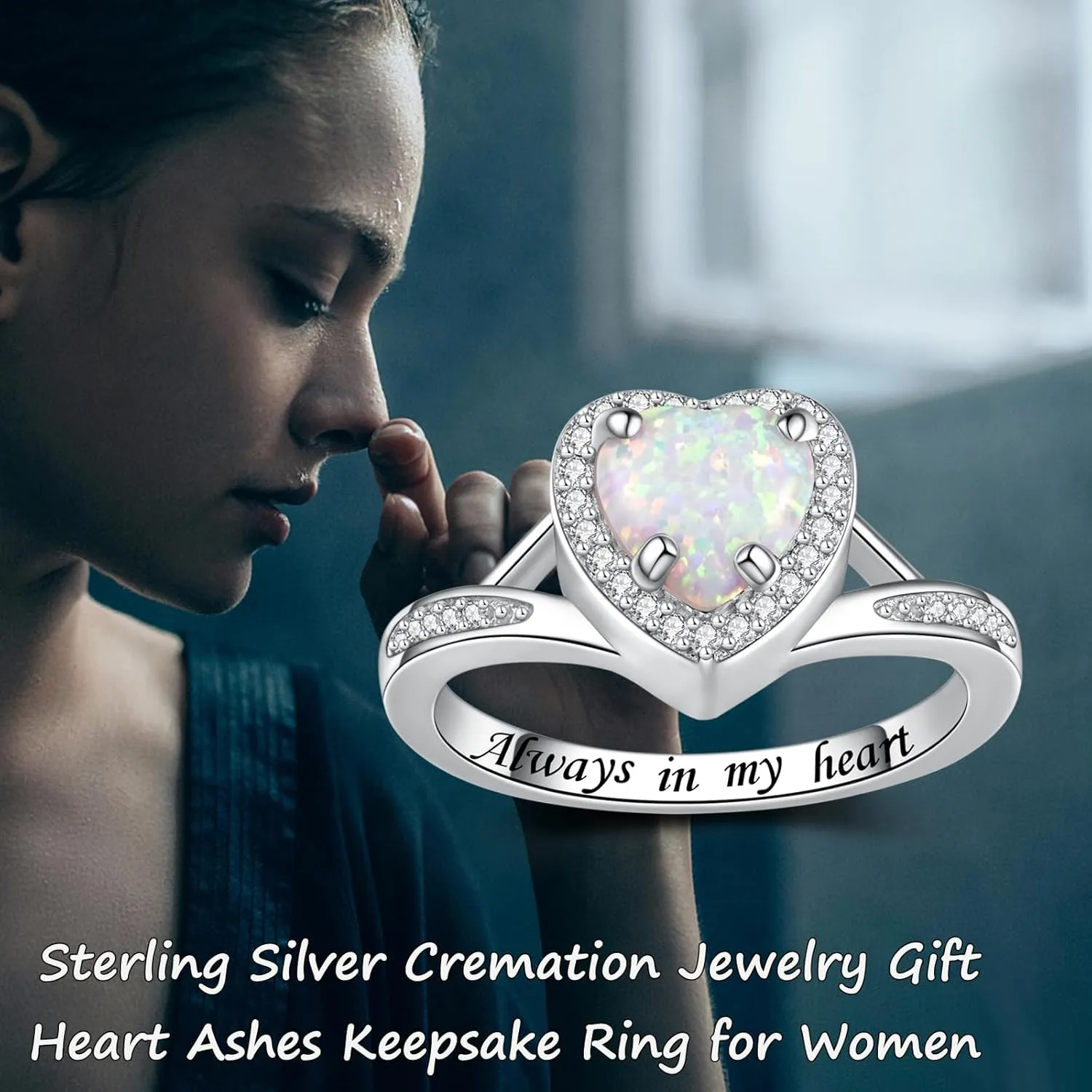 Heart Urn Ring for Ashes for Women - 925 Sterling Silver Opal Cremation Rings Memorial Keepsake Jewelry for Loss of a Loved One