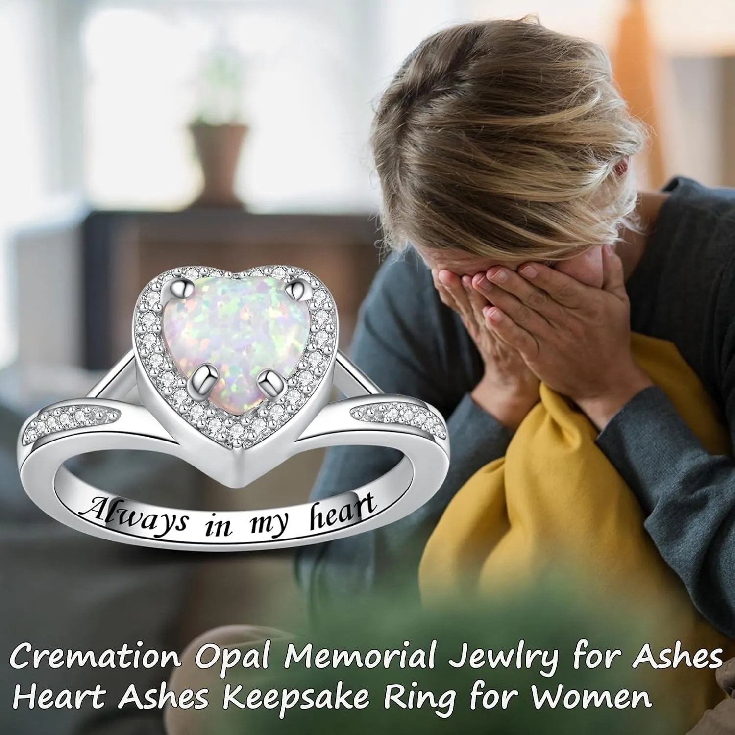 Heart Urn Ring for Ashes for Women - 925 Sterling Silver Opal Cremation Rings Memorial Keepsake Jewelry for Loss of a Loved One