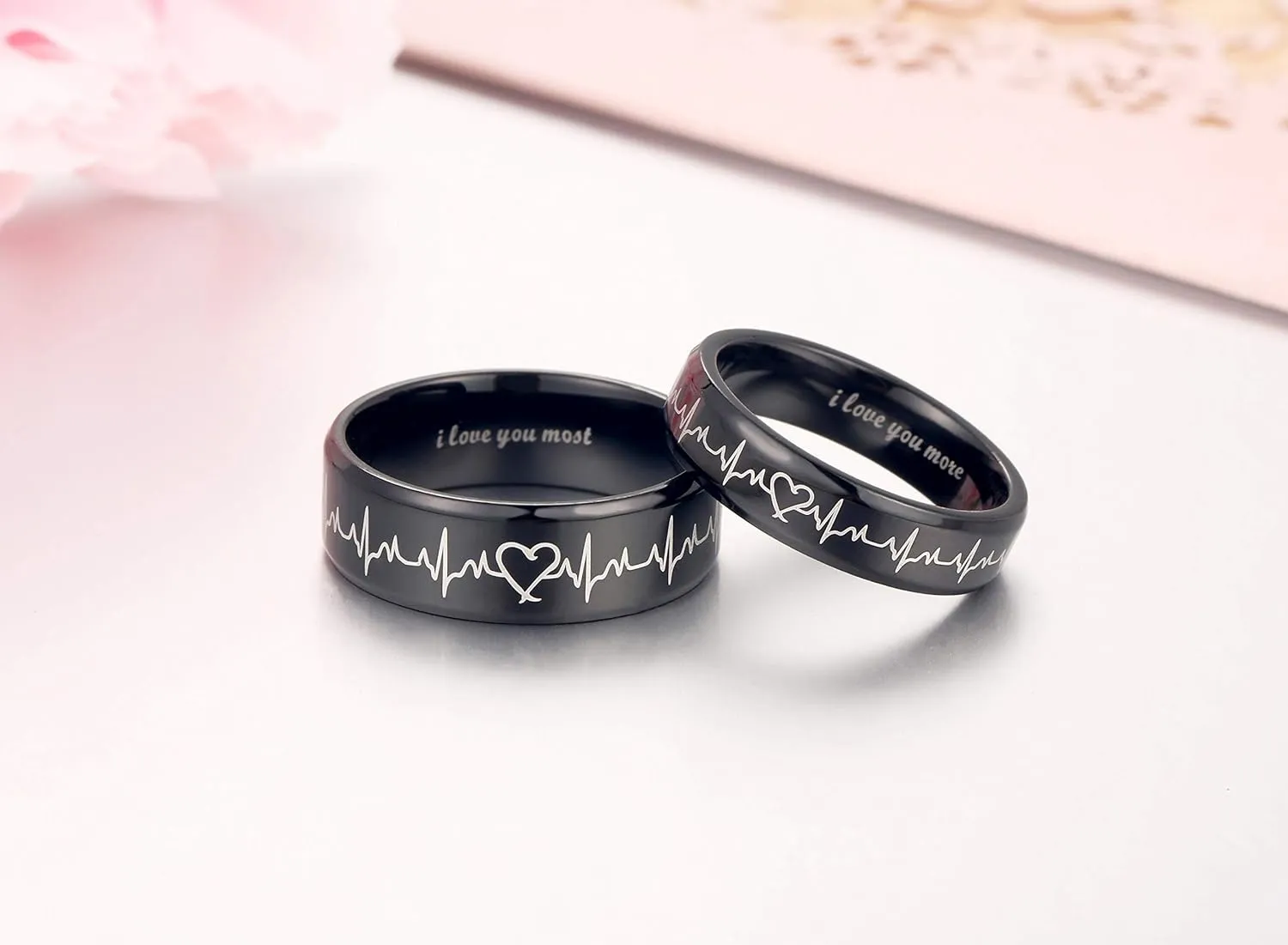 Heartbeat Rings for Couples I Love You More I Love You Most Matching Promise Rings Wedding Bands Sets for Him and Her with Box Titanium Stainless Steel Comfort Fit