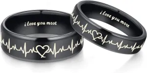 Heartbeat Rings for Couples I Love You More I Love You Most Matching Promise Rings Wedding Bands Sets for Him and Her with Box Titanium Stainless Steel Comfort Fit