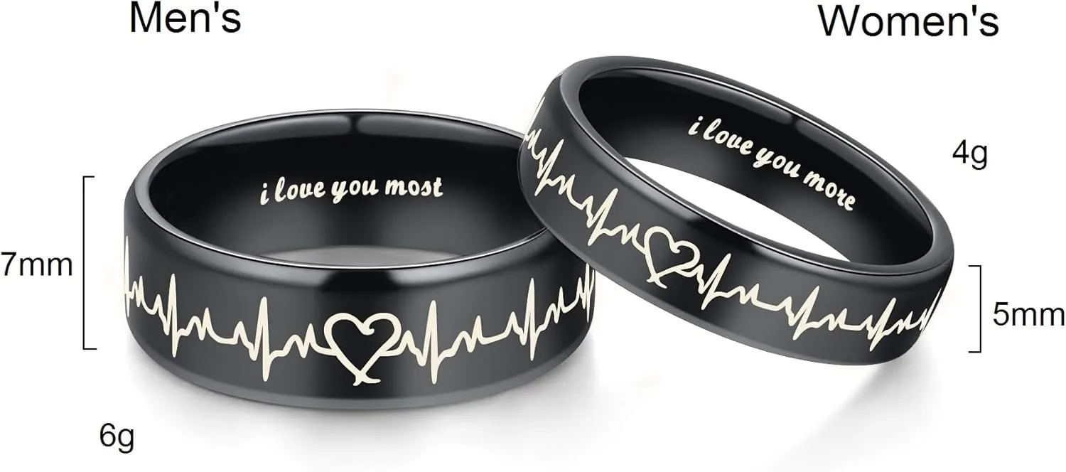 Heartbeat Rings for Couples I Love You More I Love You Most Matching Promise Rings Wedding Bands Sets for Him and Her with Box Titanium Stainless Steel Comfort Fit