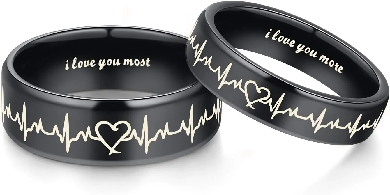 Heartbeat Rings for Couples I Love You More I Love You Most Matching Promise Rings Wedding Bands Sets for Him and Her with Box Titanium Stainless Steel Comfort Fit