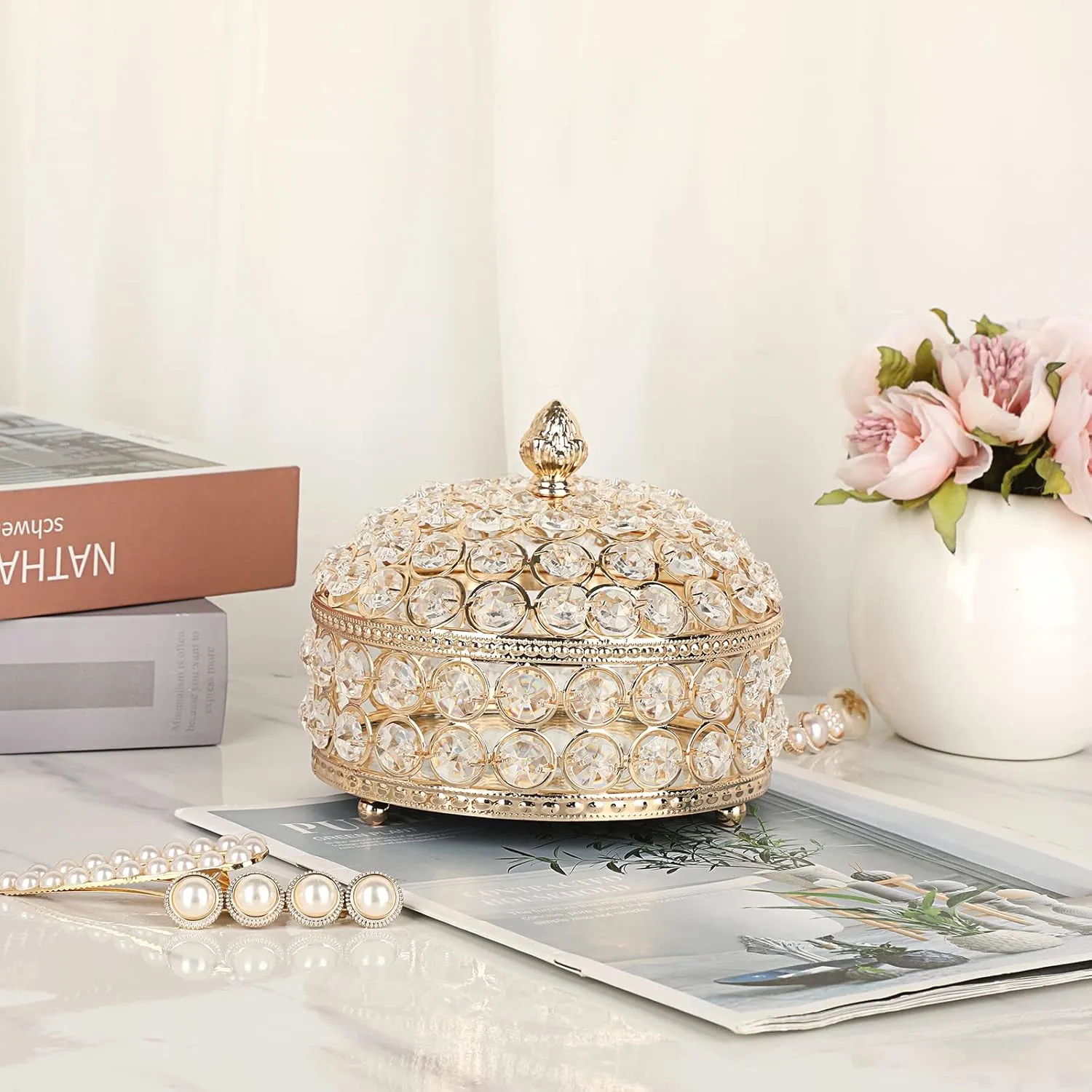 Hipiwe Crystal Jewelry Box Jewelry Trinket Organizer Box Gold Treasure Box Luxury Home Decor Ring Earrings Storage Holder Keepsake Box for Girls Women,X-Large