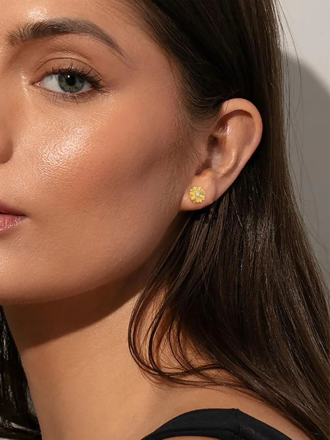 Honsny 14K Gold Stud Earrings for Women 925 Sterling Silver Post Birthstone Flower Earrings Cubic Zirconia Earrings Studs Diamond Cute Small Dainty Earrings Birthday Gifts for Women Jewelry