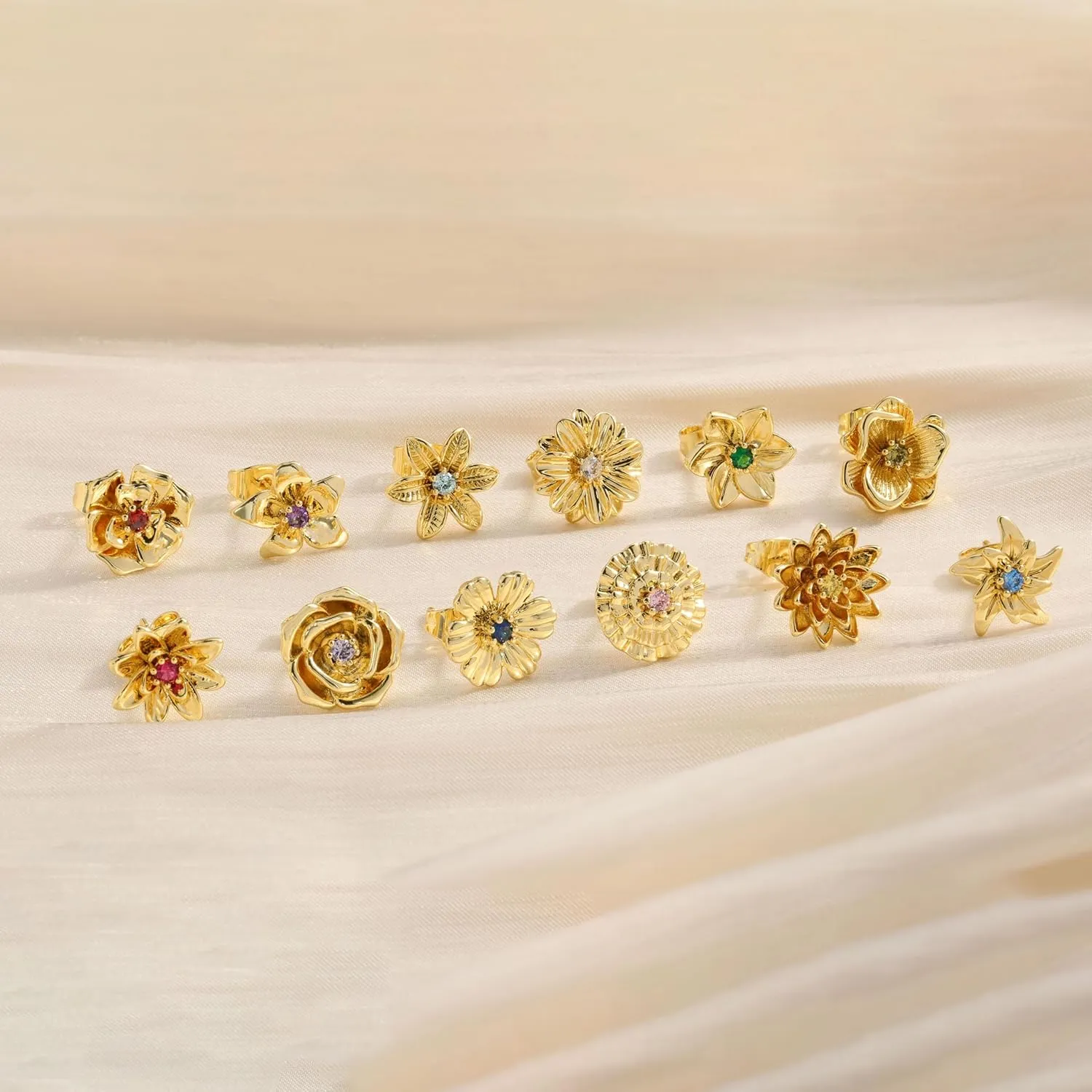Honsny 14K Gold Stud Earrings for Women 925 Sterling Silver Post Birthstone Flower Earrings Cubic Zirconia Earrings Studs Diamond Cute Small Dainty Earrings Birthday Gifts for Women Jewelry