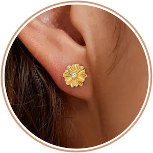 Honsny 14K Gold Stud Earrings for Women 925 Sterling Silver Post Birthstone Flower Earrings Cubic Zirconia Earrings Studs Diamond Cute Small Dainty Earrings Birthday Gifts for Women Jewelry