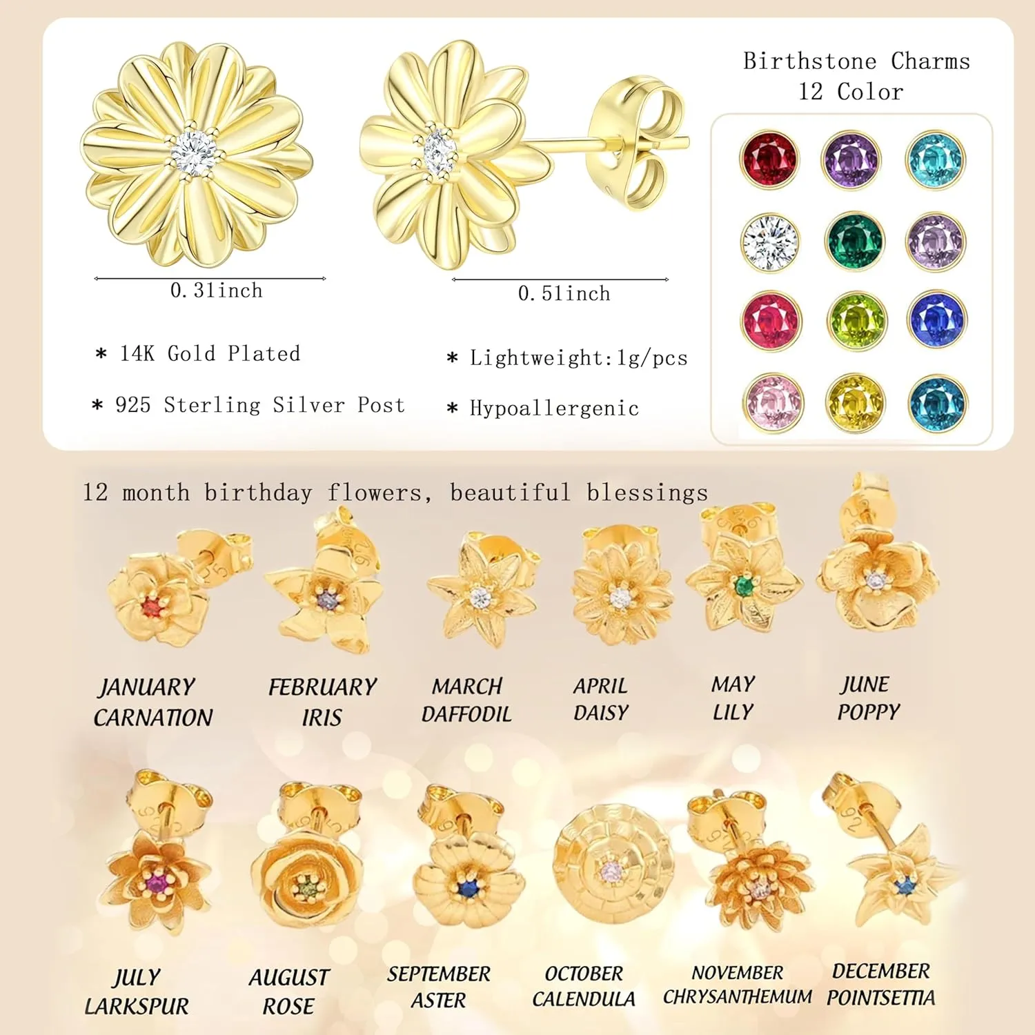 Honsny 14K Gold Stud Earrings for Women 925 Sterling Silver Post Birthstone Flower Earrings Cubic Zirconia Earrings Studs Diamond Cute Small Dainty Earrings Birthday Gifts for Women Jewelry