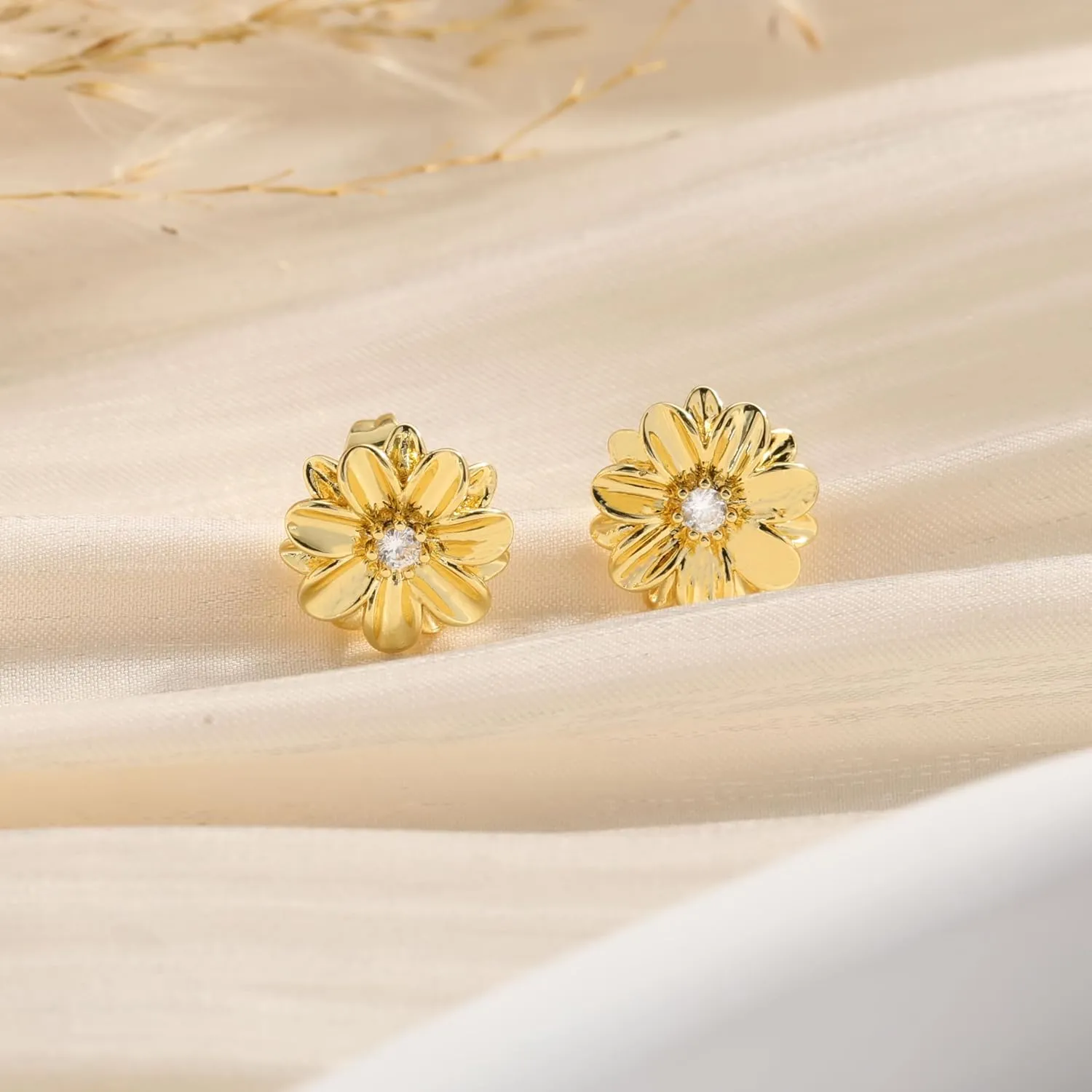Honsny 14K Gold Stud Earrings for Women 925 Sterling Silver Post Birthstone Flower Earrings Cubic Zirconia Earrings Studs Diamond Cute Small Dainty Earrings Birthday Gifts for Women Jewelry