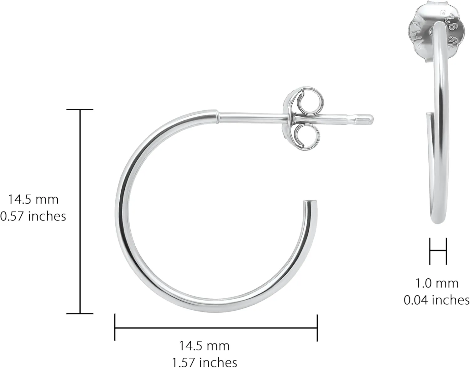 Hoops & Loops 925 Sterling Silver Open 1.5mm Thin Polished Round C-Hoop Earrings for Women, Silver, Yellow, Rose Gold, Black 15mm-40mm