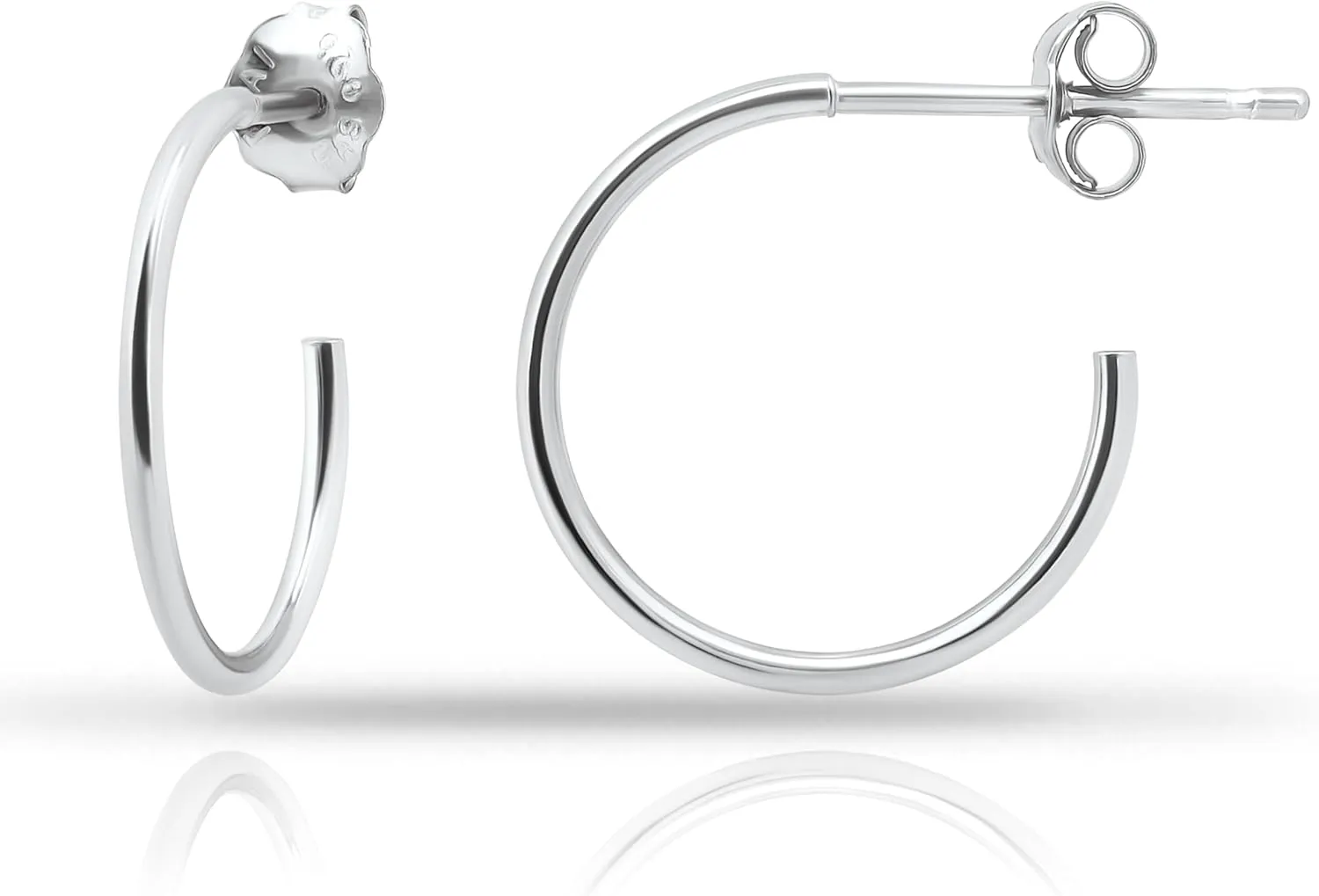 Hoops & Loops 925 Sterling Silver Open 1.5mm Thin Polished Round C-Hoop Earrings for Women, Silver, Yellow, Rose Gold, Black 15mm-40mm