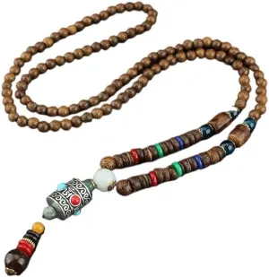 HUFFA Ethnic Style Wooden Long Necklace with Buddha Beads | Retro Imitation Cinnabar Jewelry for Men and Women