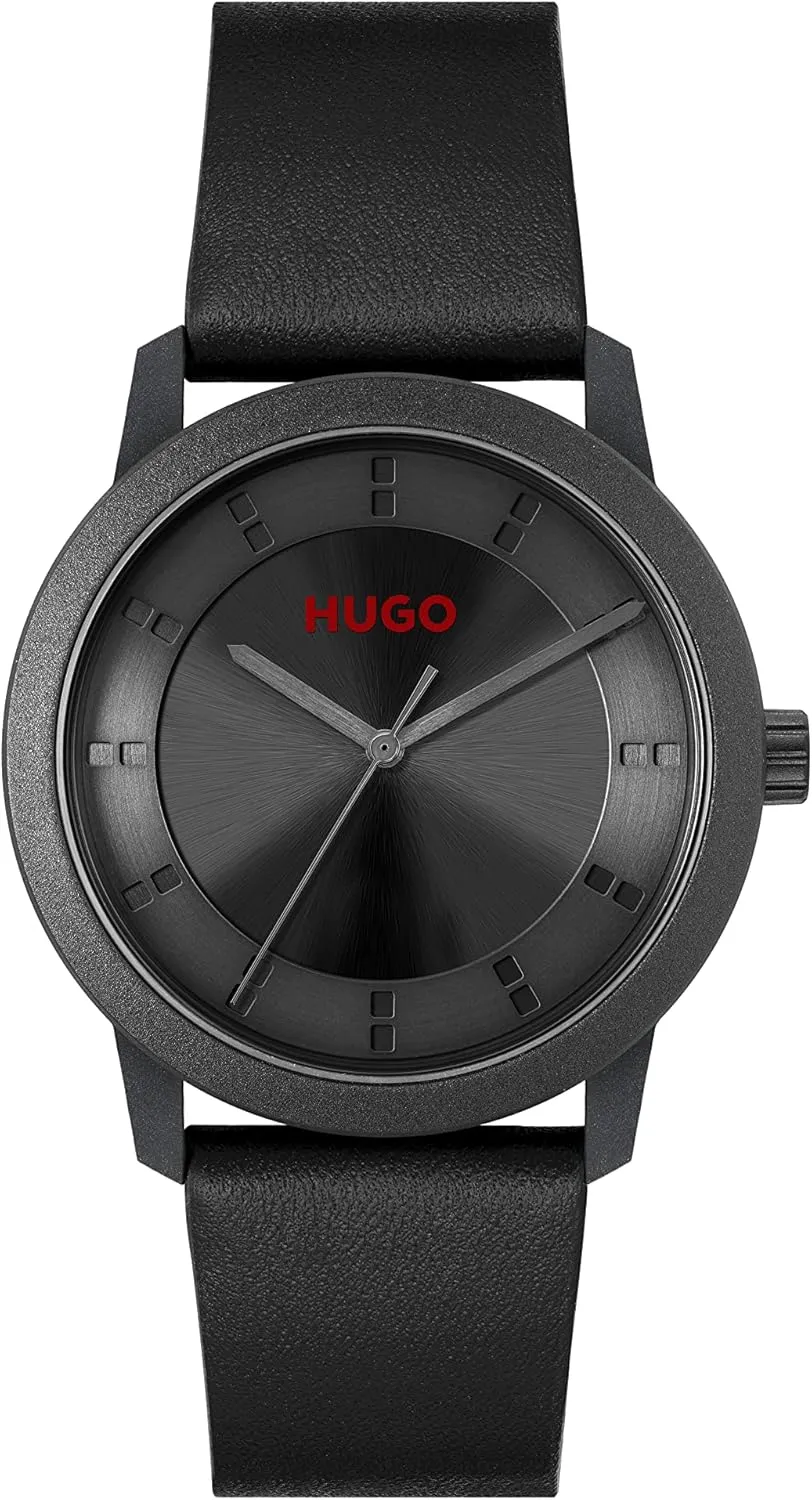 HUGO #Ensure Men's Castor Oil Plastic and Black Recycled Leather Strap Watch, Color: Black (Model: 1530273)