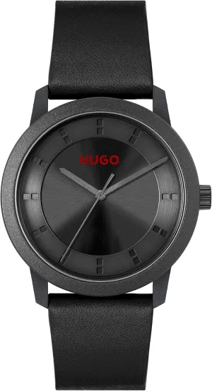HUGO #Ensure Men's Castor Oil Plastic and Black Recycled Leather Strap Watch, Color: Black (Model: 1530273)