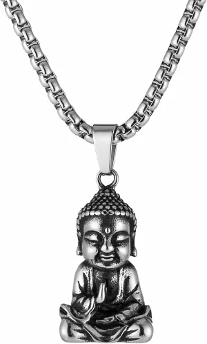 HZMAN Vintage Stainless Steel Tibetan Amitabha Buddha Pendant Mala Prayer Buddhist Necklace Lucky Amulet