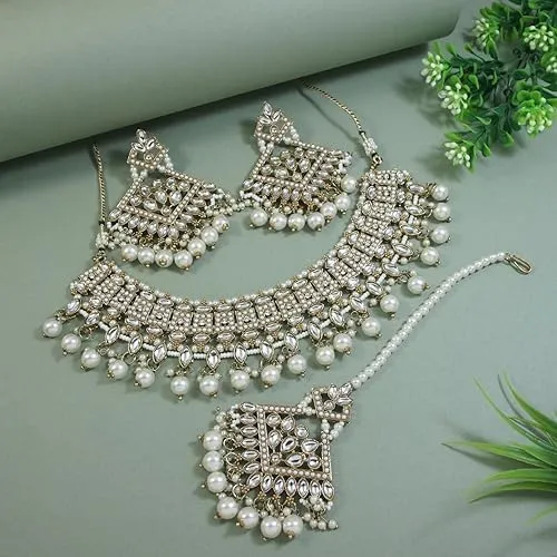 I Jewels Gold Plated Kundan Pearl Drop Choker Necklace Jewellery & Dangle Earrings Set For Women (K7273)