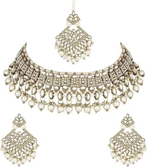 I Jewels Gold Plated Kundan Pearl Drop Choker Necklace Jewellery & Dangle Earrings Set For Women (K7273)