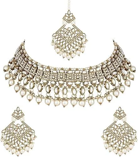 I Jewels Gold Plated Kundan Pearl Drop Choker Necklace Jewellery & Dangle Earrings Set For Women (K7273)