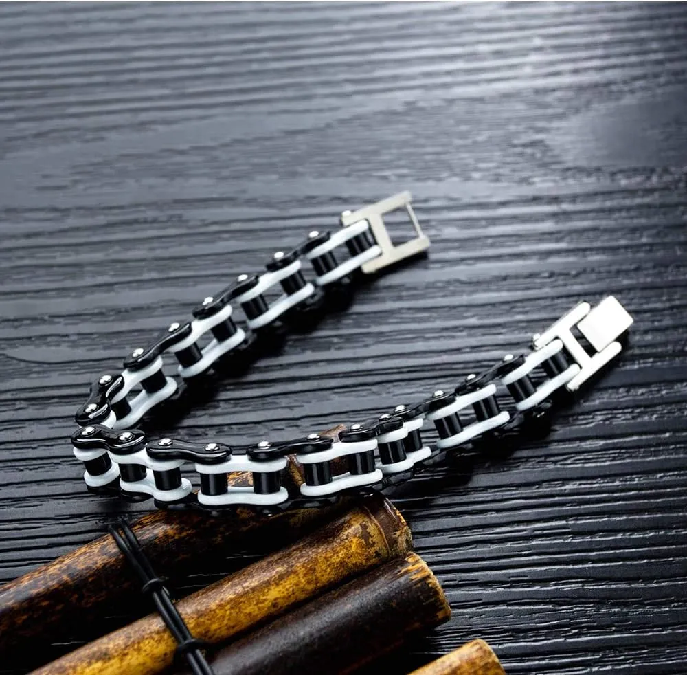 Iflytree Masculine Mens Stainless Steel Motorcycle Bike Bracelet Chain Heavy and Study Two Tone Cuff Wrist Link Chain Wristband for Men Boy Gifts for Him Father Husband Boy