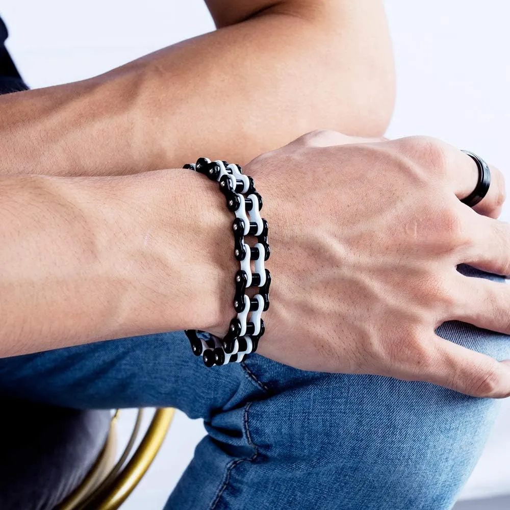 Iflytree Masculine Mens Stainless Steel Motorcycle Bike Bracelet Chain Heavy and Study Two Tone Cuff Wrist Link Chain Wristband for Men Boy Gifts for Him Father Husband Boy