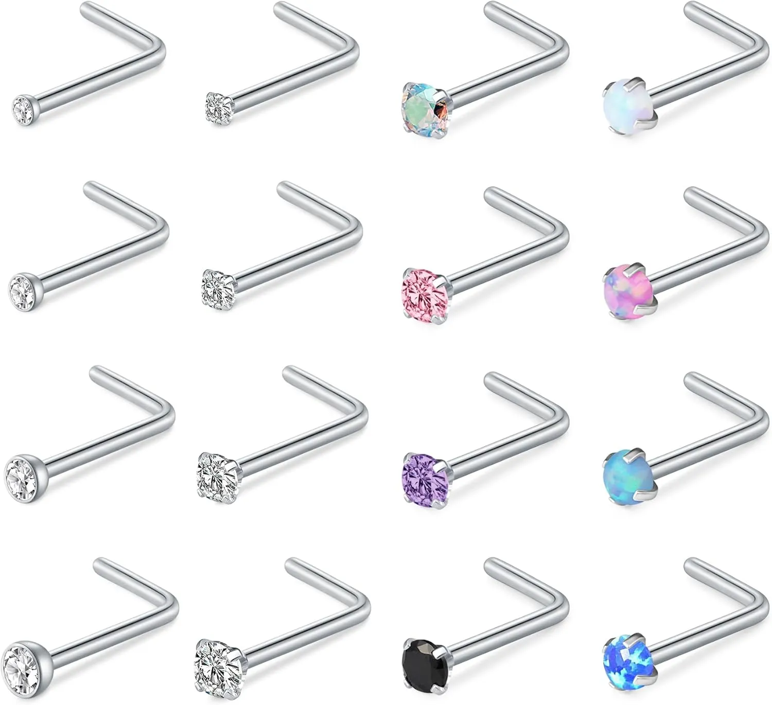 Incaton 24PCS 20G Nose Ring Stainless Steel Nose Rings Hoops L Shaped Screw Studs Rings CZ Butterfly Dangling Nose Ring for Women Men