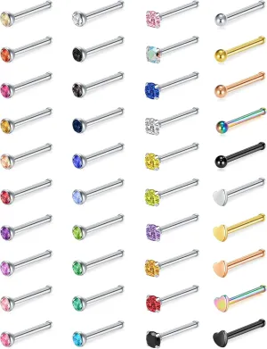 Incaton 24PCS 20G Nose Ring Stainless Steel Nose Rings Hoops L Shaped Screw Studs Rings CZ Butterfly Dangling Nose Ring for Women Men