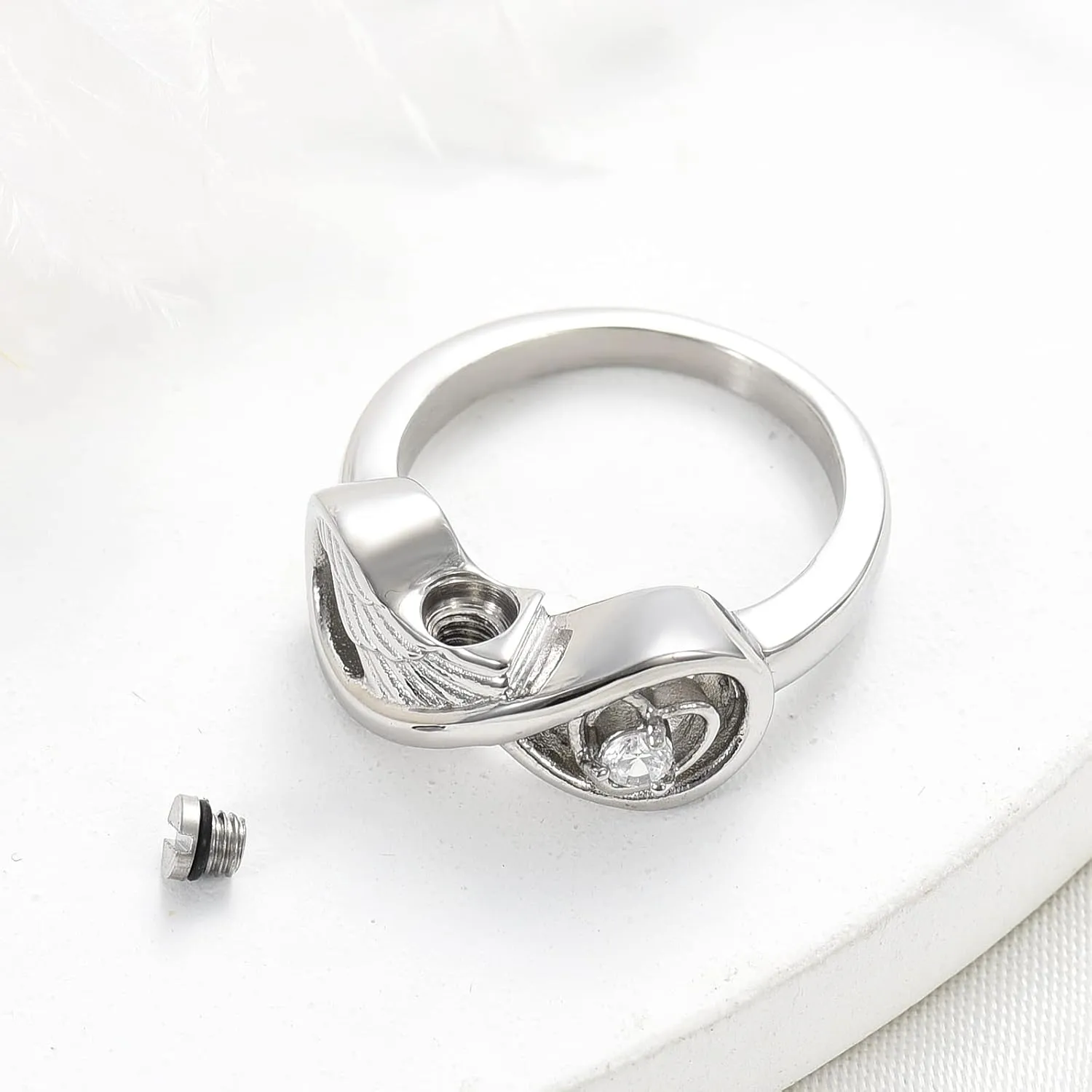 Infinite Feather 12 Birthstone Mini Ring Hold Loved Ones Ashes Cremation Urn Ring for Women Finger Ring Memorial Jewellry