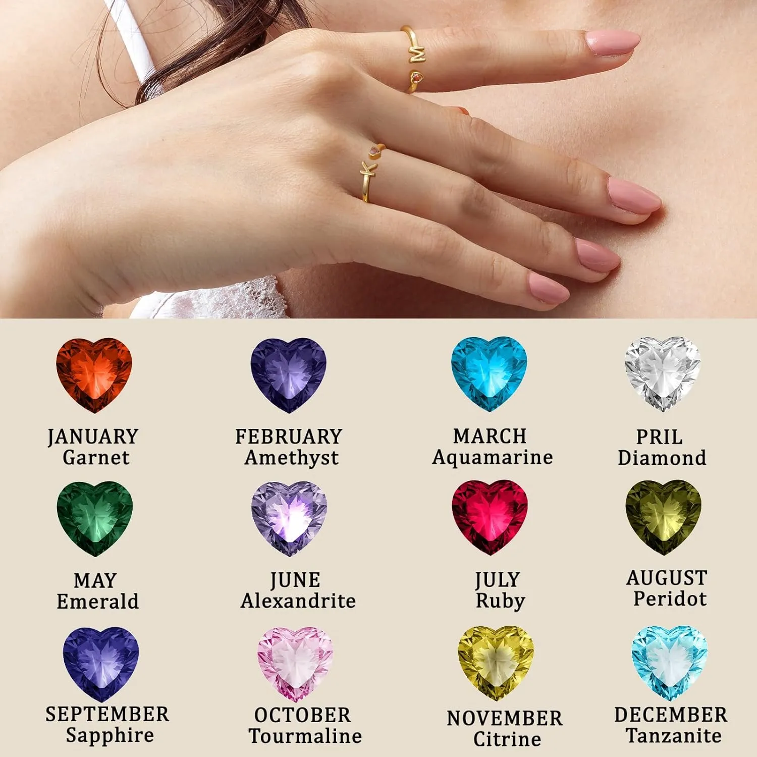 Initial Rings for Women Teen 14K Gold Plated Birthstone Rings Stackable Dainty Letter Rings Christmas Birthday Birthstone Jewelry Gifts for Mother Daughter,Adjustable Size 5-10