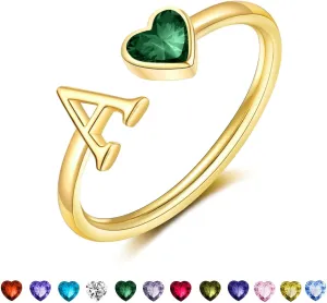 Initial Rings for Women Teen 14K Gold Plated Birthstone Rings Stackable Dainty Letter Rings Christmas Birthday Birthstone Jewelry Gifts for Mother Daughter,Adjustable Size 5-10