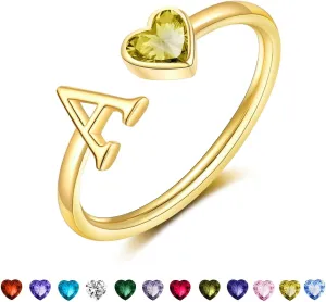 Initial Rings for Women Teen 14K Gold Plated Birthstone Rings Stackable Dainty Letter Rings Christmas Birthday Birthstone Jewelry Gifts for Mother Daughter,Adjustable Size 5-10