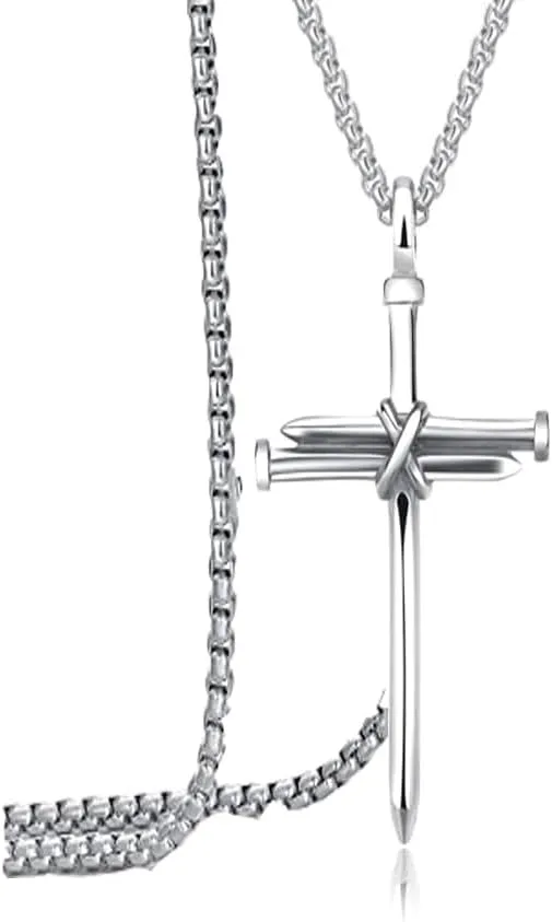 Isaiah 41:7 Nail Cross Necklace for Men Women Silver Cross Pendant Necklace for Hanging Car Rear View Mirror Stainless Steel Nail Cross Gift with Chain