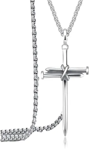 Isaiah 41:7 Nail Cross Necklace for Men Women Silver Cross Pendant Necklace for Hanging Car Rear View Mirror Stainless Steel Nail Cross Gift with Chain