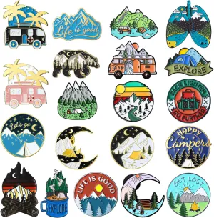 Janinka 20 Pcs Camping Enamel Pins Adventure Outdoors Pins Set Mountain Backpacking Funny Camping Brooch Bulk Nature Button Vintage Lapel Brooch Cute Mini Gift for Women Men Jackets Clothes Cap
