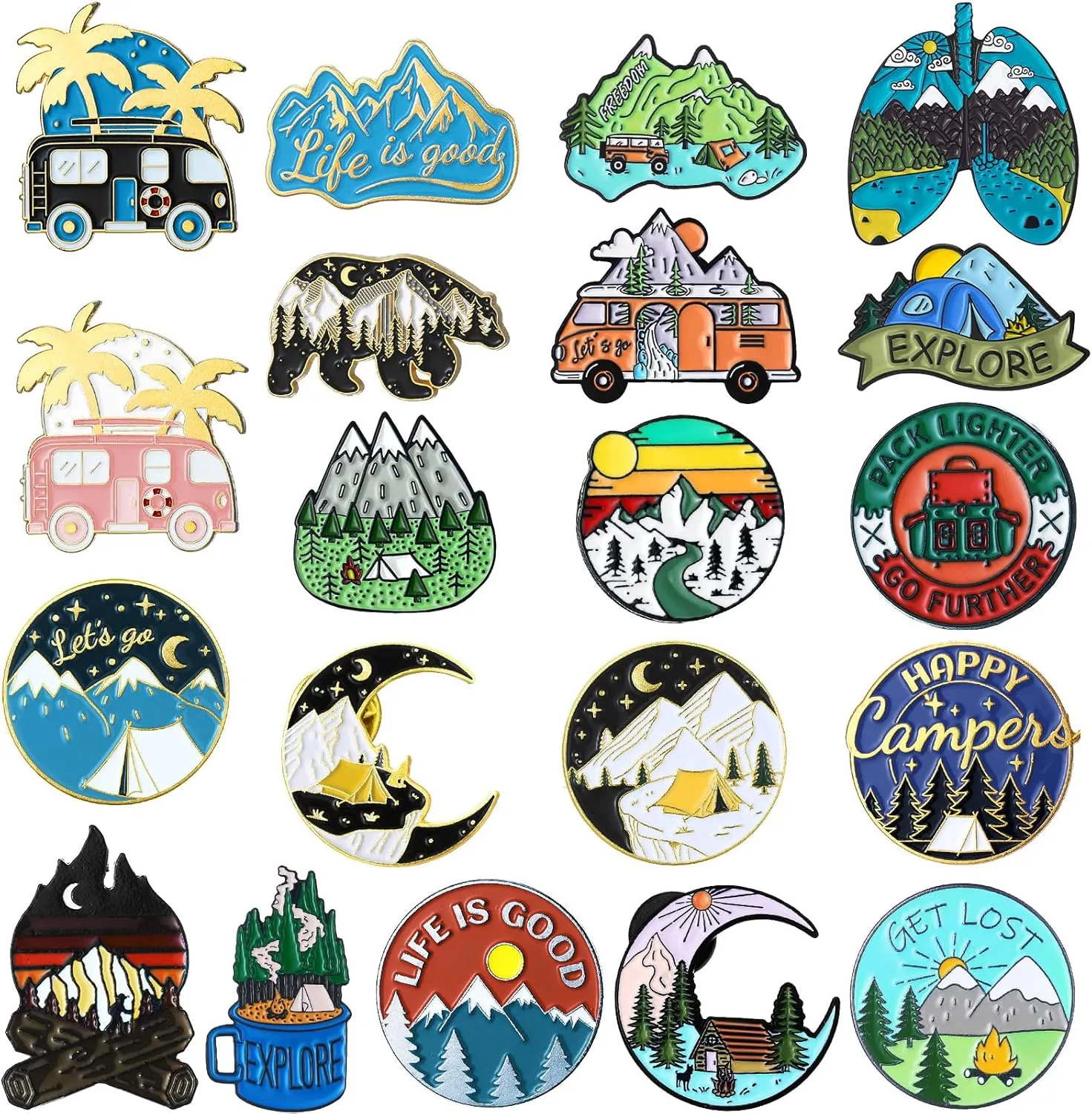 Janinka 20 Pcs Camping Enamel Pins Adventure Outdoors Pins Set Mountain Backpacking Funny Camping Brooch Bulk Nature Button Vintage Lapel Brooch Cute Mini Gift for Women Men Jackets Clothes Cap