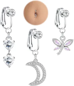 JeryWe Fake Belly Ring Clip on Belly Button Rings Fake Belly Surgical Steel Fake Belly Button Ring for Women CZ Butterfly Heart Belly Piercing Fake Navel Ring Non Piercing Jewelry 3/6 Pcs