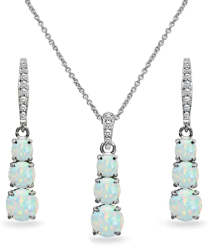 Jewelry Sets for Women, Necklace and Earring Sets for Women, Birthstone Jewelry, Genuine Synthetic Gemstones, 3 Stone Journey Set, Pendant Necklace, Dangle Earrings for Women, Sterling Silver Jewelry