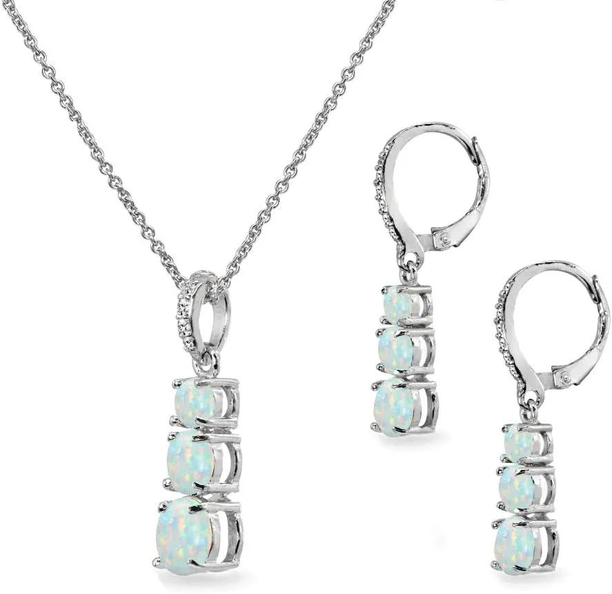 Jewelry Sets for Women, Necklace and Earring Sets for Women, Birthstone Jewelry, Genuine Synthetic Gemstones, 3 Stone Journey Set, Pendant Necklace, Dangle Earrings for Women, Sterling Silver Jewelry