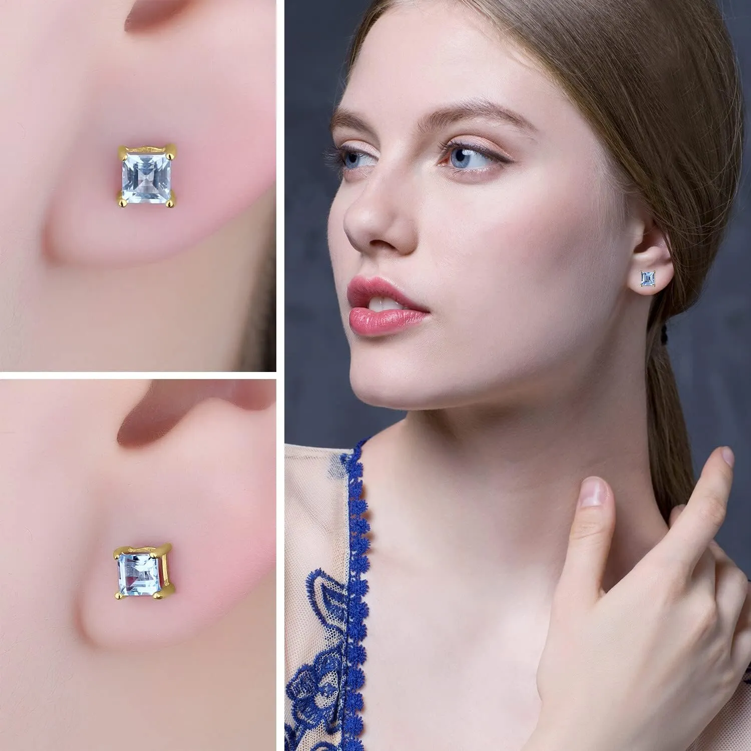 JewelryPalace Square 0.8ct Genuine Garnet Peridot Amethyst Citrine Topaz Created Ruby Sapphire Simulated Emerald Gemstone Stud Earrings Women, 14k Gold Plated 925 Sterling Silver Earring Jewelry Set