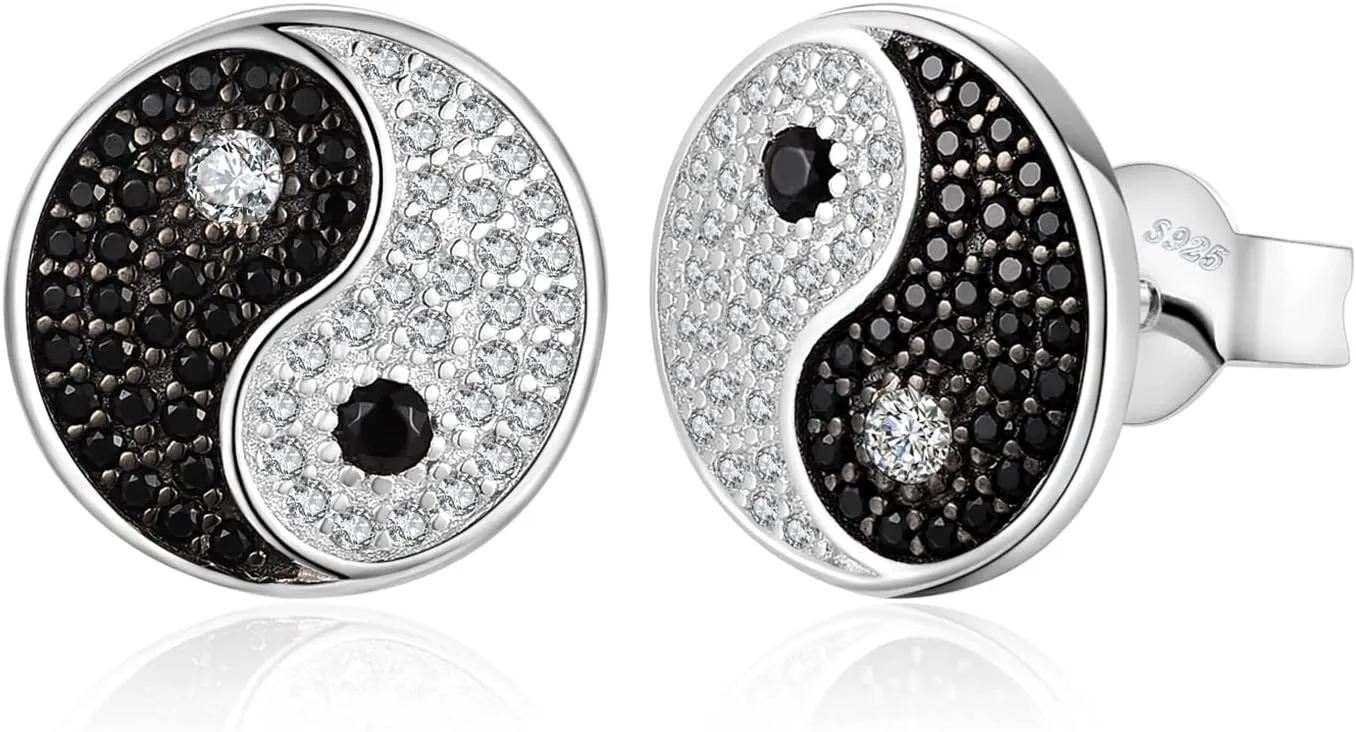 JewelryPalace Ying Yang Taichi Round Cut Genuine Black Spinel Cubic Zirconia Stud Earrings for Women, 14K White Gold Plated 925 Sterling Silver Earrings for Her, Natural Gemstone Jewelry Sets