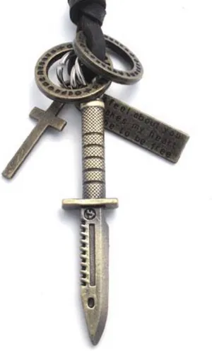 jonline24h Mens Vintage Style Army Dagger Cross Pendant Leather Cord Necklace Chain