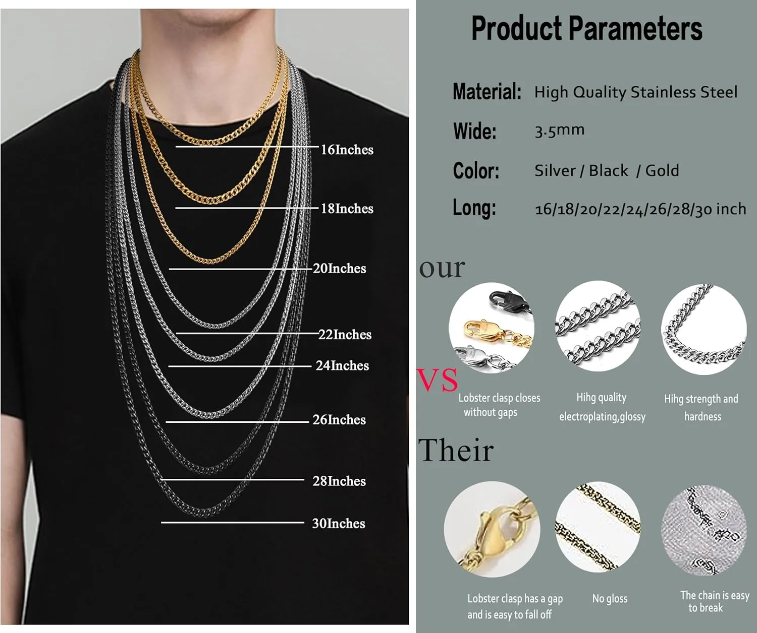 Jstyle 3.5mm Cuban Link Chain Necklace for Mens Women Black Silver Gold Tone Chains for Men Available in 16/18/20/22/24/30 inch Chain