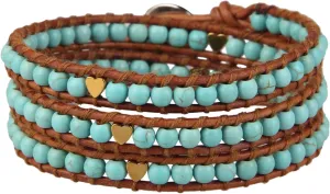 KELITCH Turquoise Heart Beads Bracelets Genuine Leather 3 Wrap Bracelet Handmade Fashion Women Jewelry (Blue C)