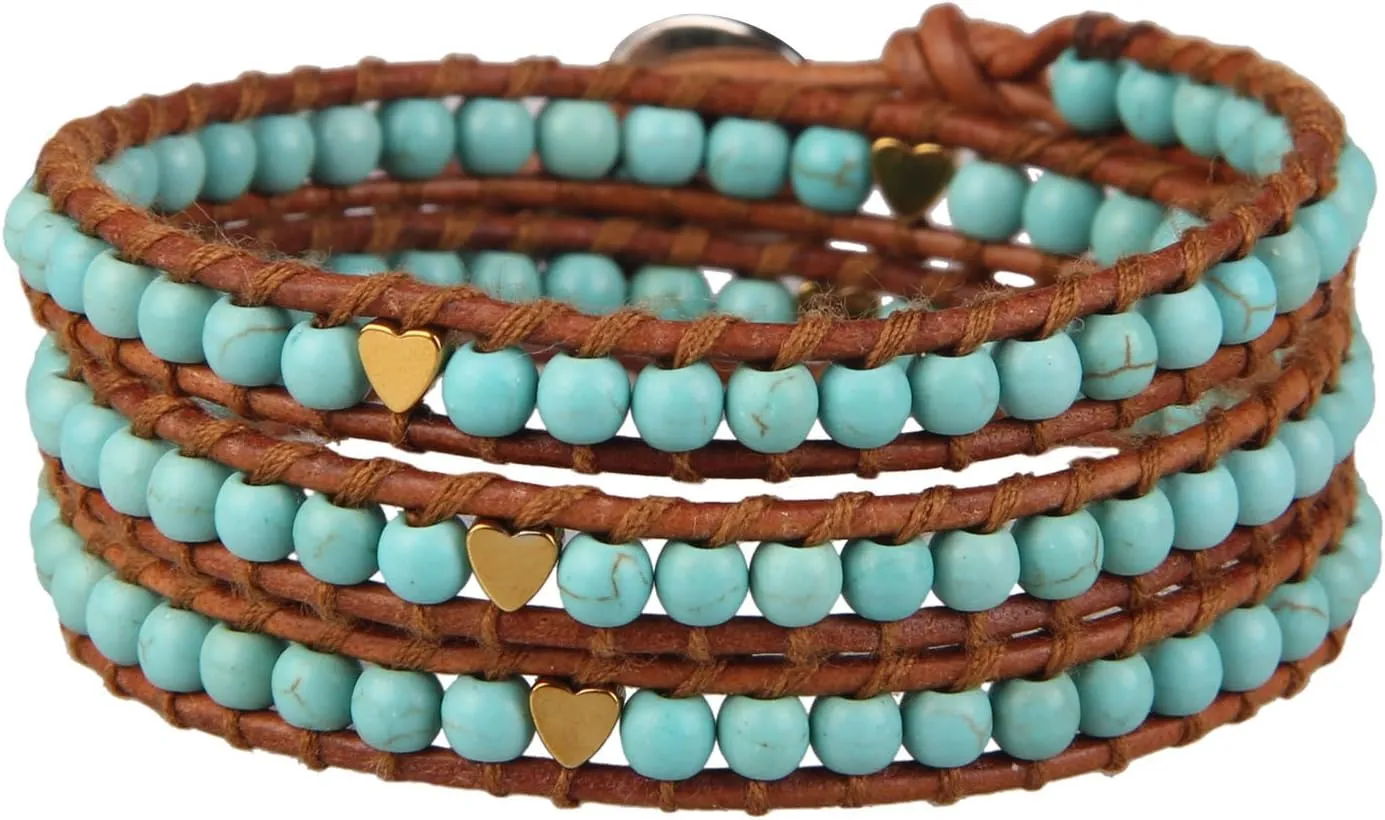KELITCH Turquoise Heart Beads Bracelets Genuine Leather 3 Wrap Bracelet Handmade Fashion Women Jewelry (Blue C)