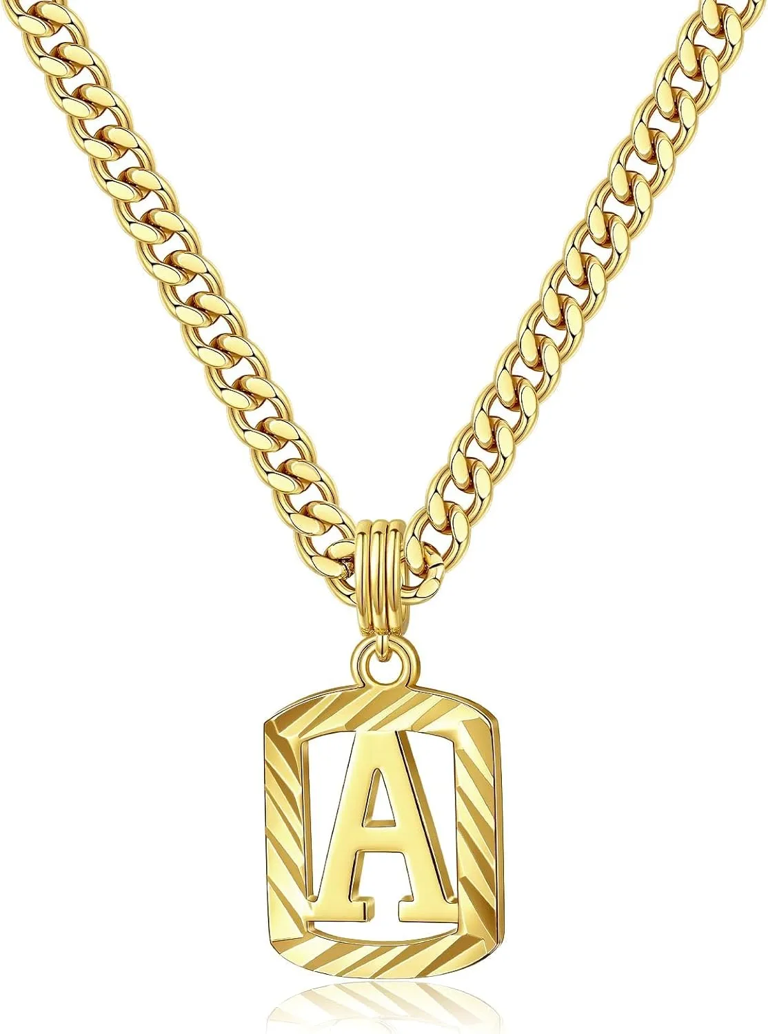 KELORIS PATH Gold Initial Necklace for Women Men, 14K Gold Plated Square Letter Pendant Charm Necklace Cuban Chain Capital Alphabets from A-Z Jewelry