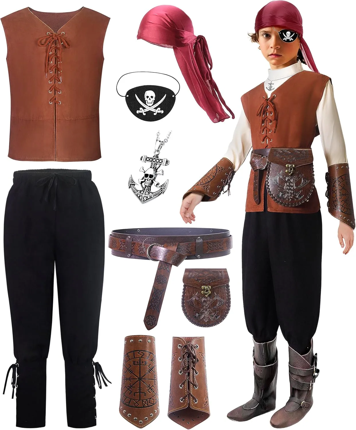 Kids Pirate Costume Boys Medieval Golden Age of Piracy Cosplay 8Pcs Sets for Halloween 4-12 Years