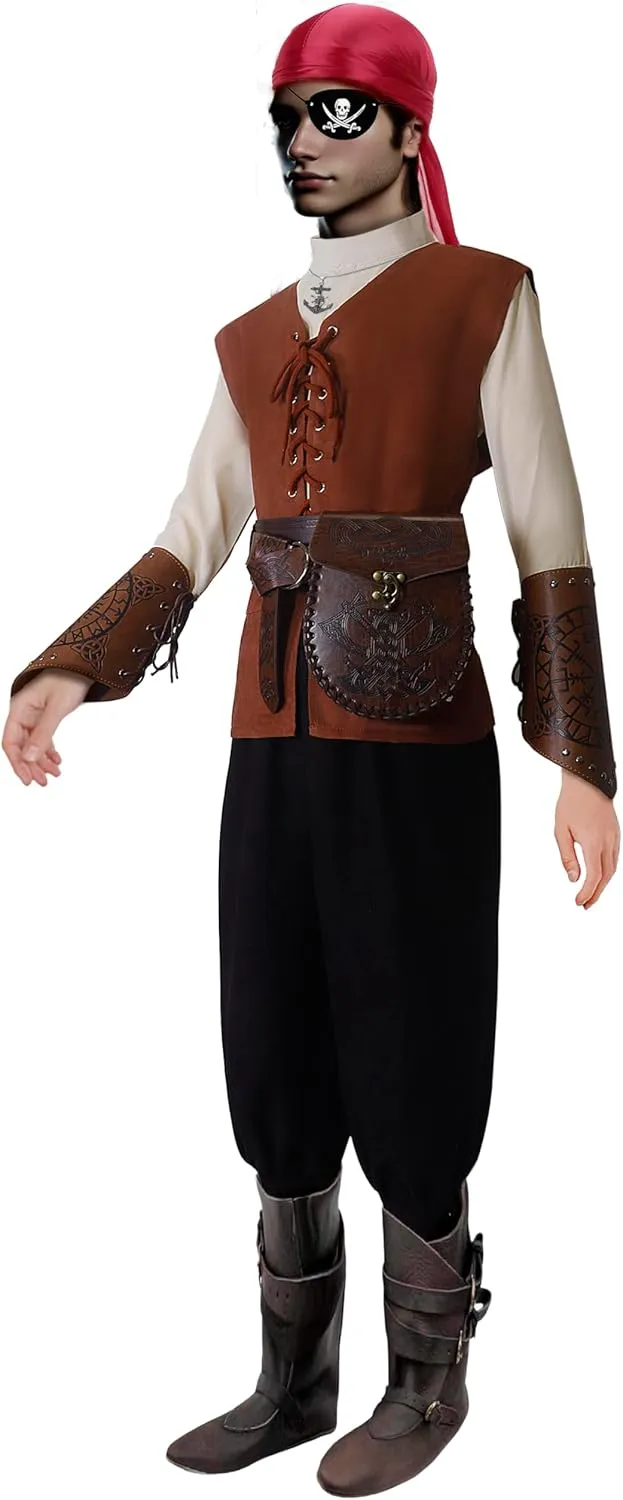 Kids Pirate Costume Boys Medieval Golden Age of Piracy Cosplay 8Pcs Sets for Halloween 4-12 Years