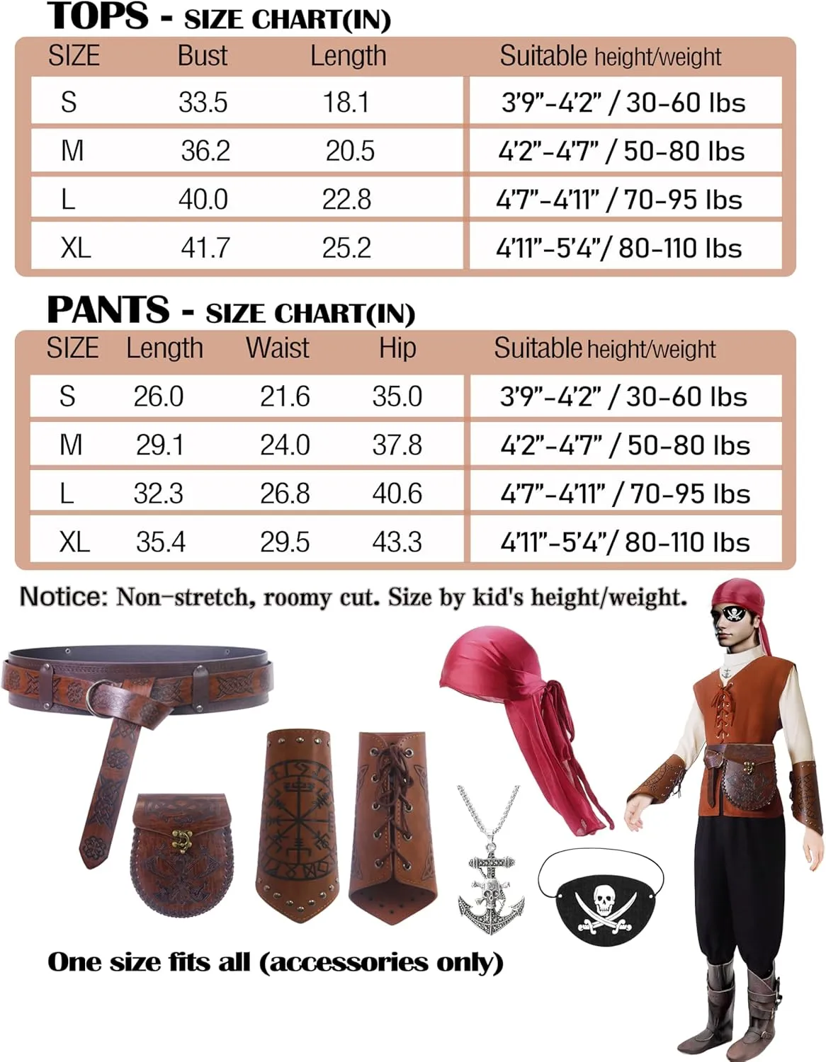 Kids Pirate Costume Boys Medieval Golden Age of Piracy Cosplay 8Pcs Sets for Halloween 4-12 Years
