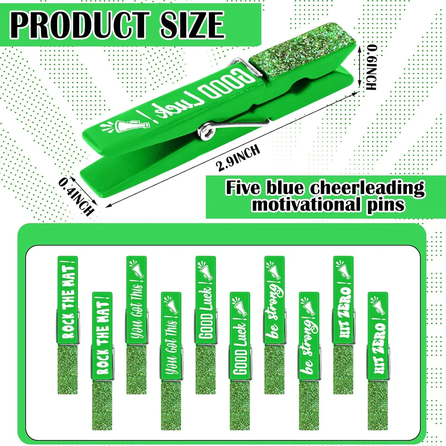 Kigeli 60 Pcs Spirit Clips Cheer Pins Cheerleader Gifts Clothes Pins For Backpacks Competition Glittered For Team Cheer Gifts Stuff Supplies Party Favors Accessories Bulk(Green)
